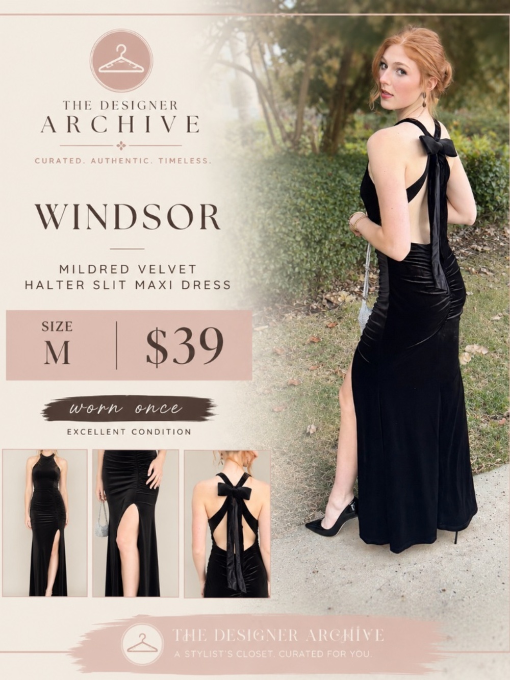 Windsor Mildred Black Velvet Halter Slit Maxi Dress M